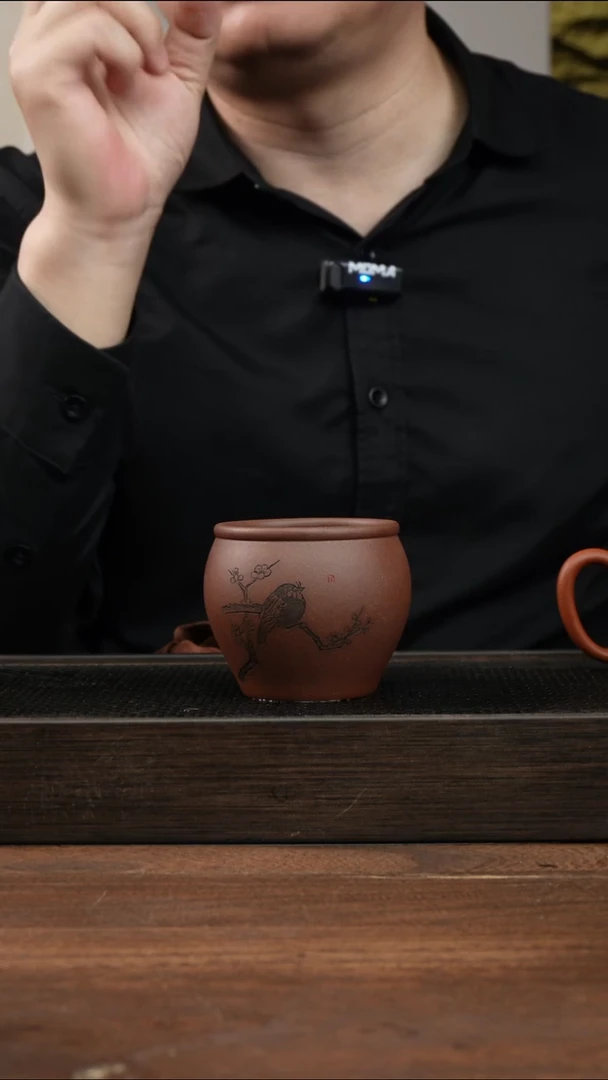 茶杯紫砂紫泥小鸟  刻绘大缸杯 ！