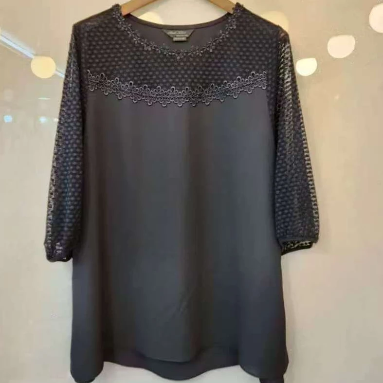 韩国新款蕾丝拼接雪纺打底衫圆领气质时尚女士