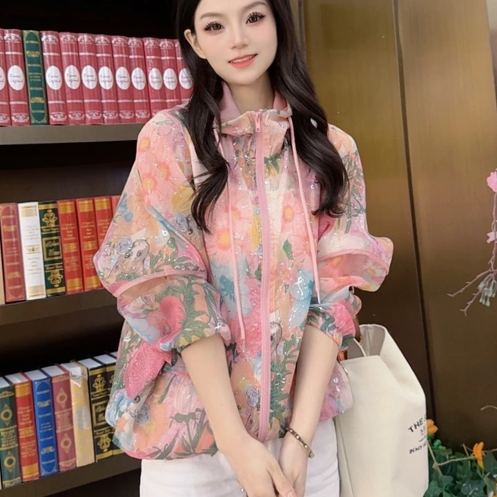 【小静】夏季新款宽松洋气薄款连帽碎花防晒女时尚小众潮25802-6