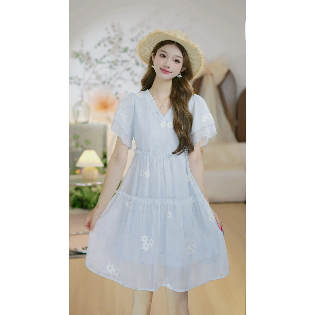 【梦屿L】清新百搭V领遮肉显瘦连衣裙韩版宽松减龄显瘦简约中长裙