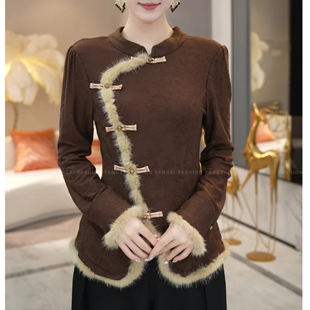 现货2025秋冬加厚【3590】腔调穿搭新中式不规则国风复古棕色上衣女