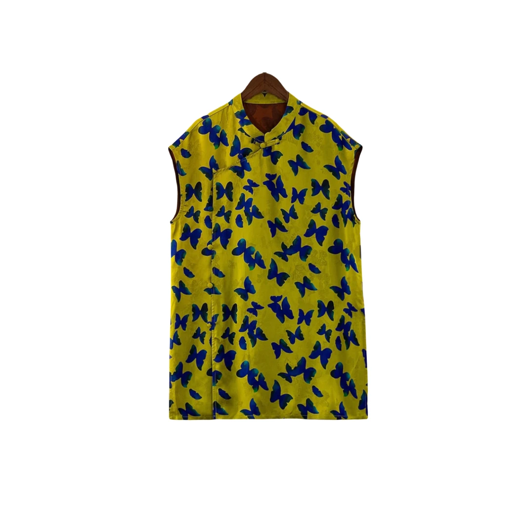 2025新中式桑蚕丝上衣国风盘扣立领飞袖复古印花时尚百搭显白女