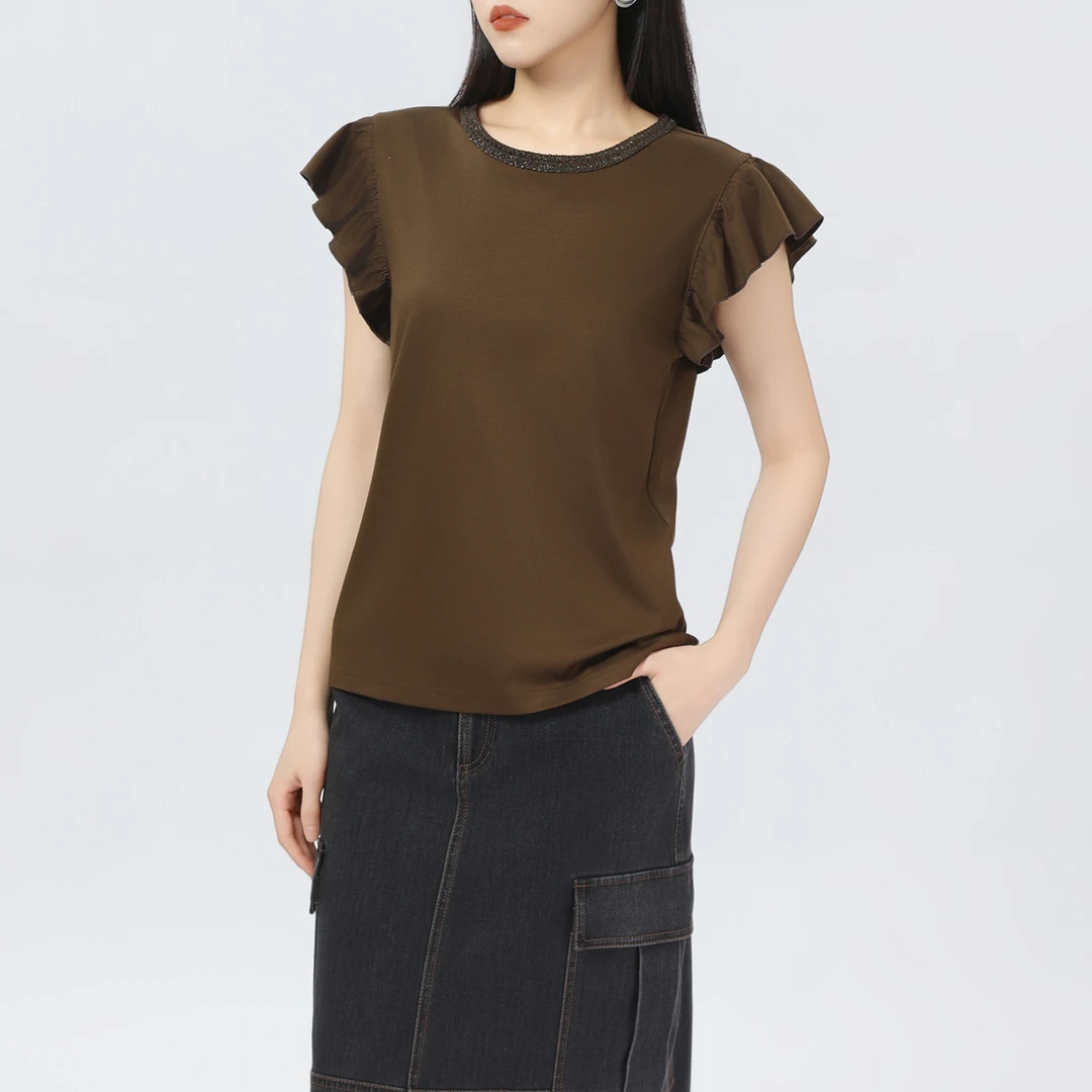 AMASS/阿玛施时尚简约休闲百搭领口花边袖口木耳边短袖T恤530047