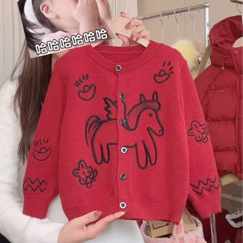 女童冬季新款针织开衫喜庆红色新年女宝宝毛衣