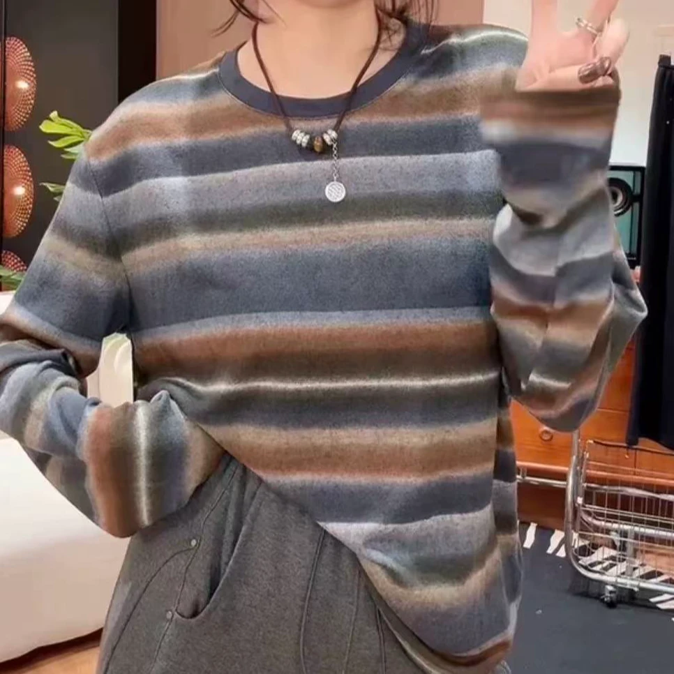 时尚撞色彩条纹宽松长袖打底上衣秋冬季新款卫衣