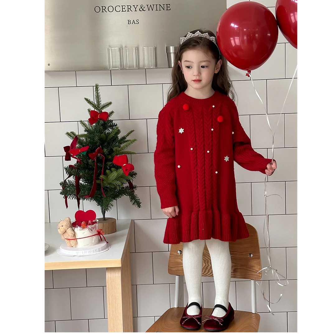 【清货】罗兰绒女童红色毛衣连衣裙新年儿童拜年红裙子24B079