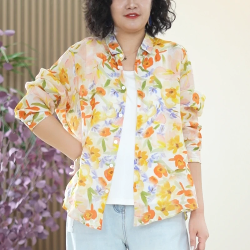 100%苎麻数码印花麻衫T恤女大码开衫亲肤透气衬衣夏季氧气衬衫