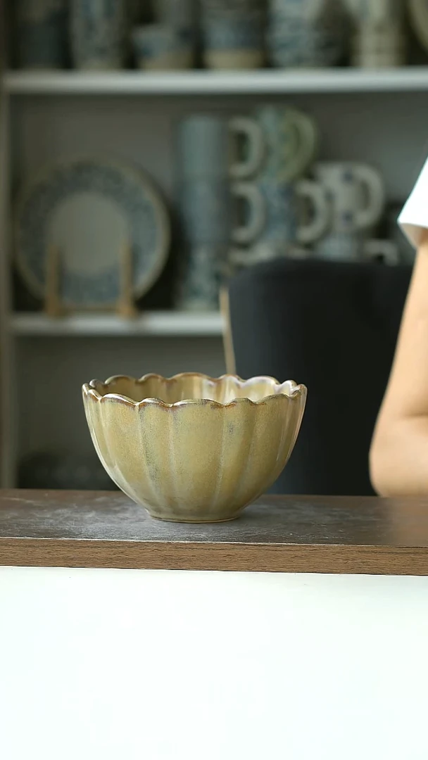 微瑕窑变莲花卡其酸奶碗12.5cm@4-2@