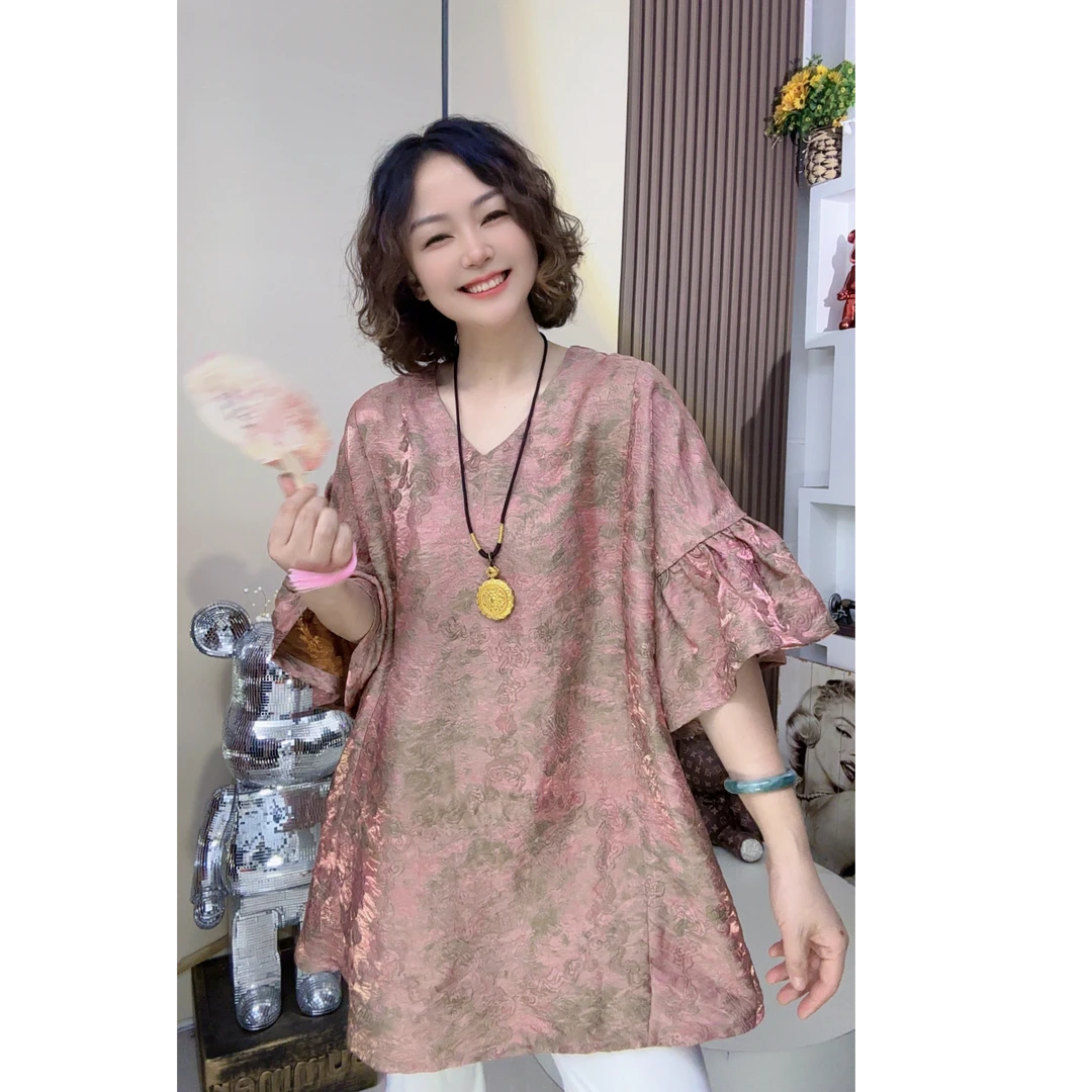 【宝相粉2233原版v领】复古国风宽松舒适百搭洋气七分花苞袖上衣