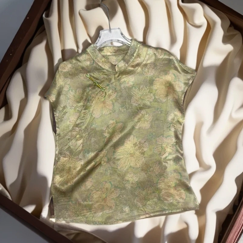 【香云老料】提花短袖常规款无袖拼接立领上衣复古网红夏季气质短袖