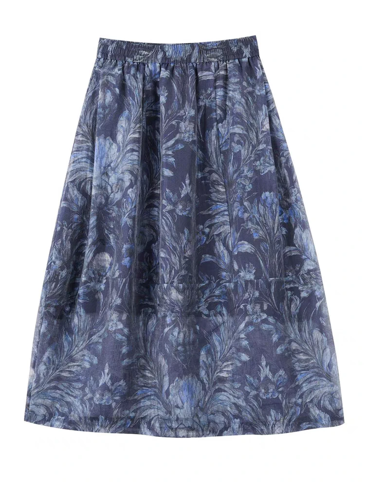 2025新款天丝亚麻半身裙半裙水洗印花时尚花苞裙薄款常规型春夏