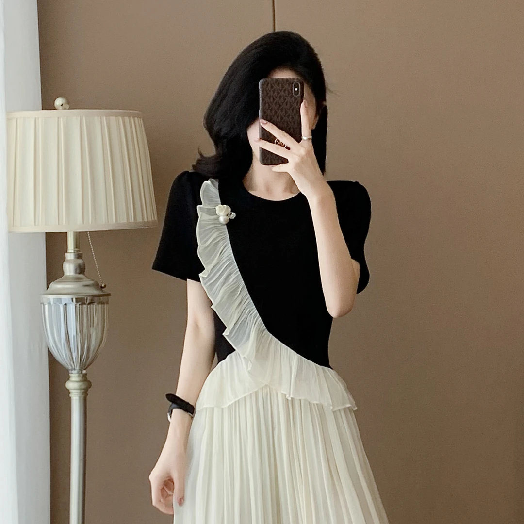 2025夏季高级感新款时尚洋气拼接花边减龄女短袖上衣不规则T恤潮