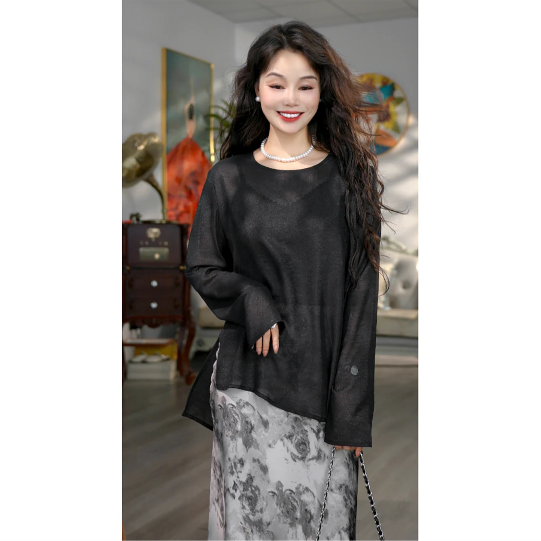 无印心匠K846黑色+微透~ 圆领套头&长袖防嗮T恤女薄款 A14328