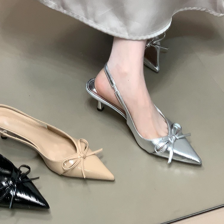 细跟一字带时尚高跟鞋气质绝美包头凉鞋女尖头后空浅口单鞋蝴蝶结