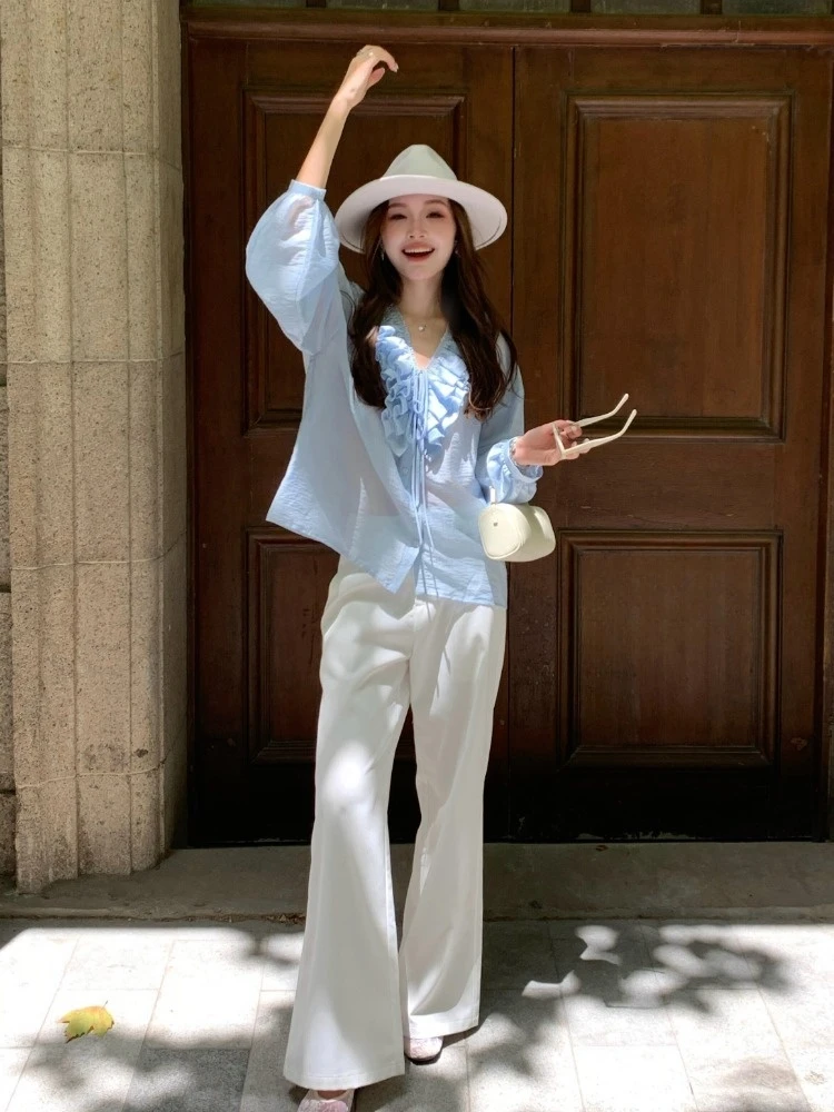 蓝色衬衫2025秋季新款法式独特精致高级感轻奢减龄洋气木耳边衬衫