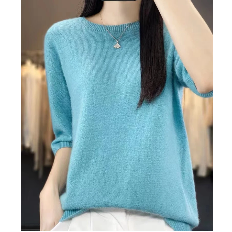 涵玖玥【100羊毛】中袖圆领软糯气质套衫纯色百搭上衣07-006