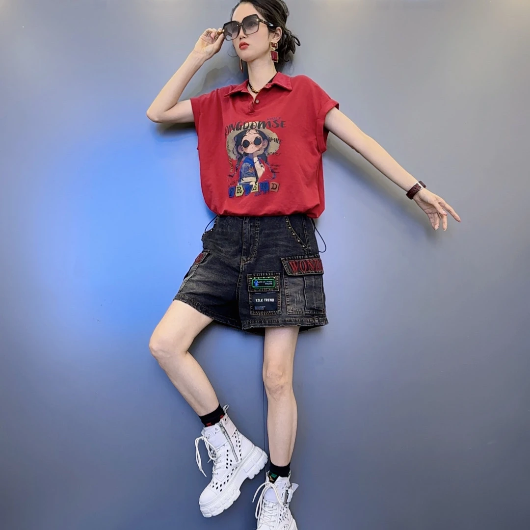 X5夏款六个色卡通印花三色短袖-新款带标水洗牛仔短裤