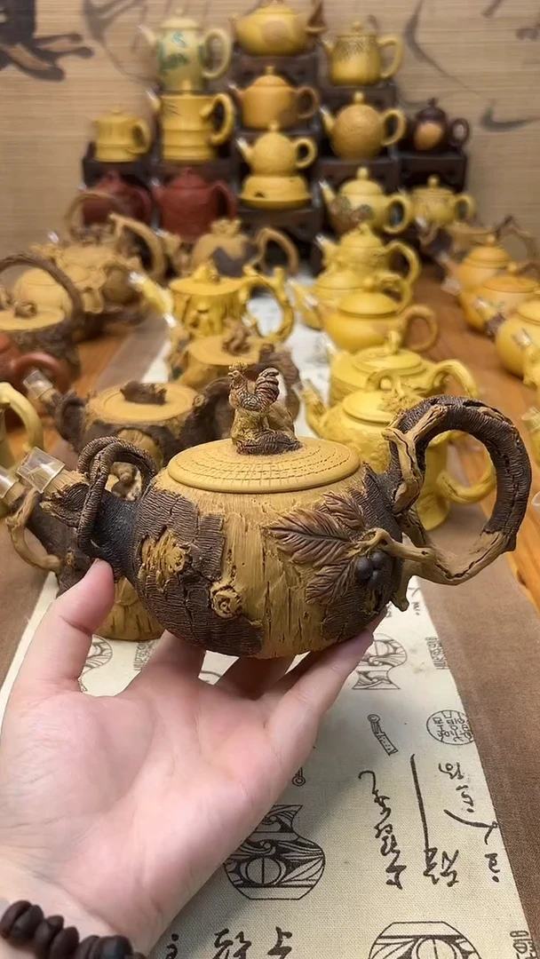 茶壶紫砂许***后金鸡报晓树桩壶350cc