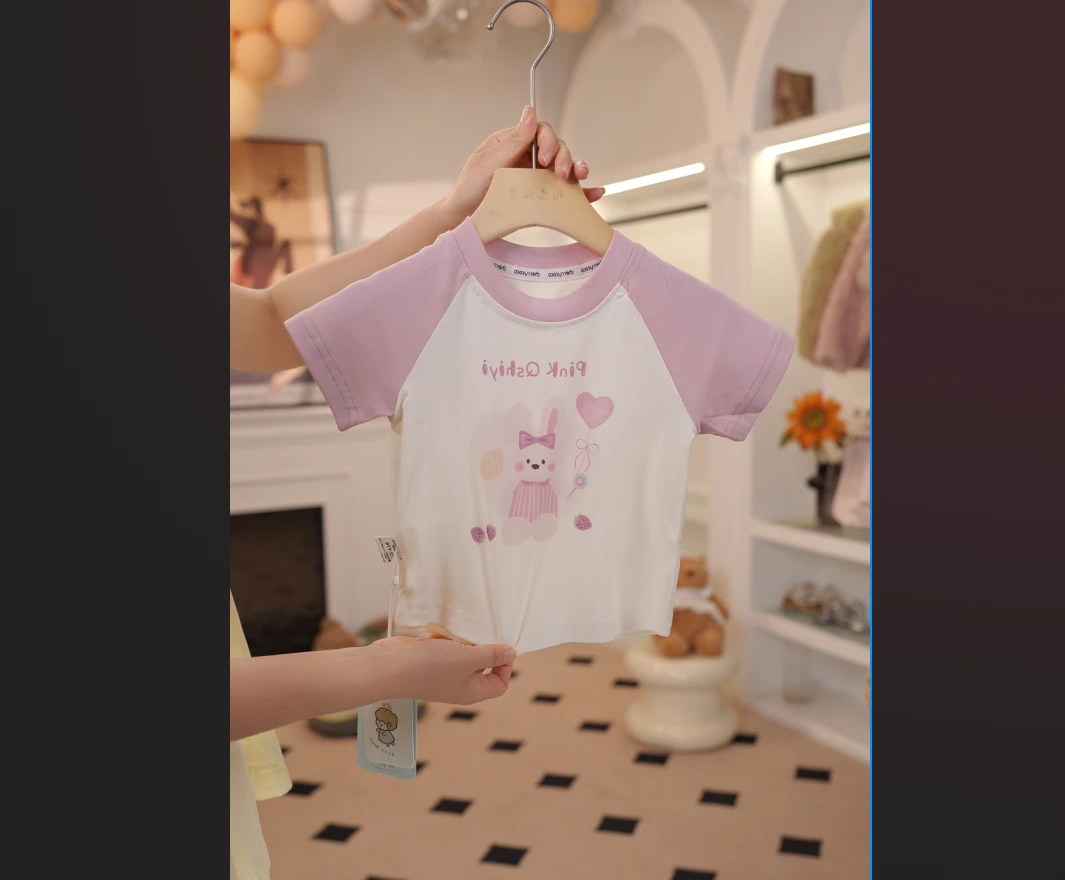 女童2025年夏季短袖T恤可爱卡通印花撞色半袖上衣夏季衣服