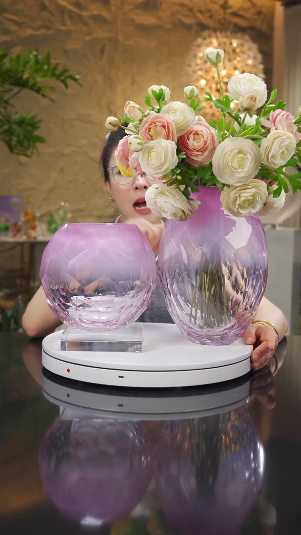 瓷片粉瓷渐变切面花瓶一对