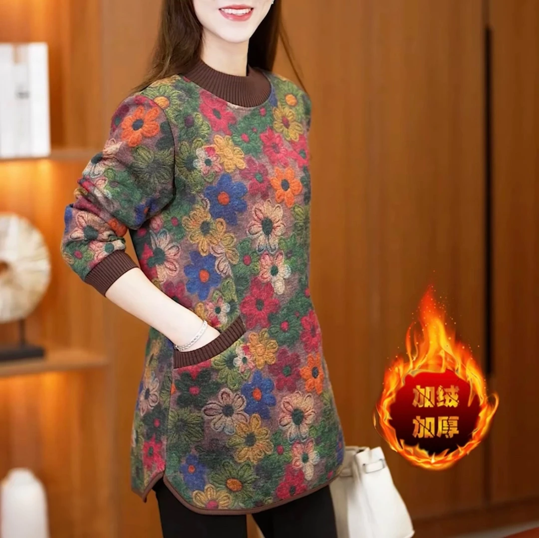 秋冬款中老年妈妈装加绒加厚复古印花中长款卫衣遮肉显瘦保暖上衣