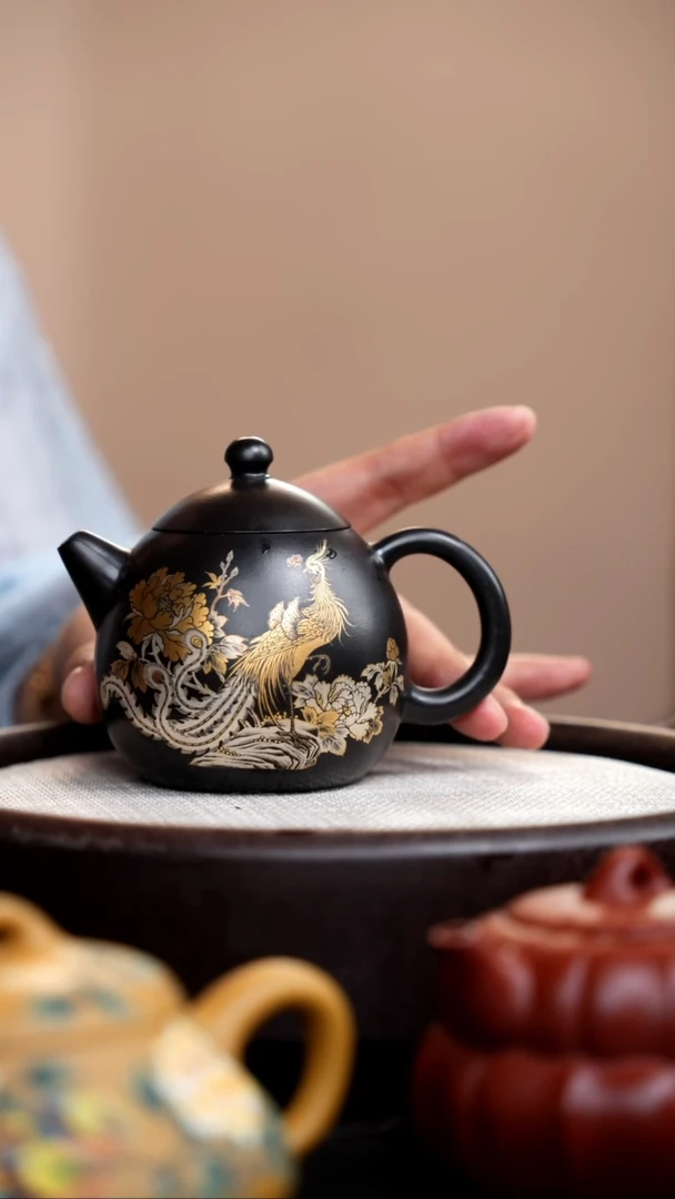 茶壶紫砂捂灰朱泥龙蛋金银错凤凰