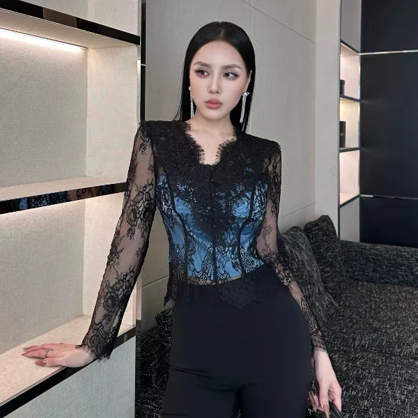 淑雅阁服装 衣修身显瘦喇叭袖衬衫女春季新款6111