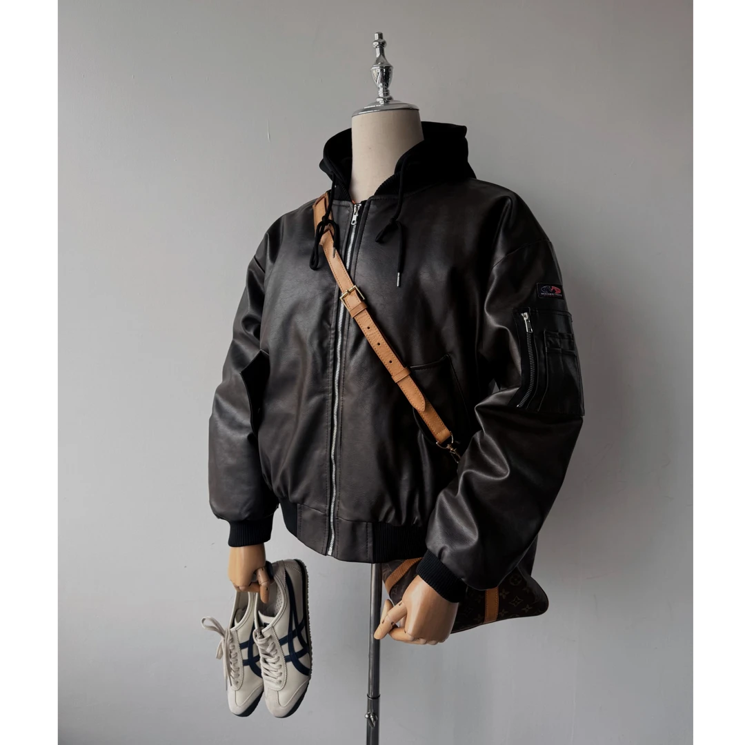 2025潮牌美式连帽pu皮衣重磅工装加厚棒球服棉服男女宽松嘻哈外套