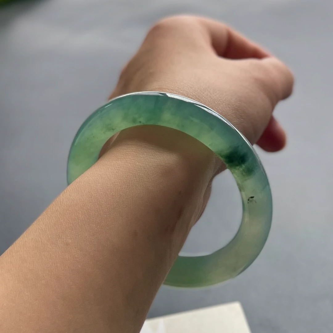 【静心】“如梦”高冰深蓝绿水冰透老翡翠手镯（圈口56.5）