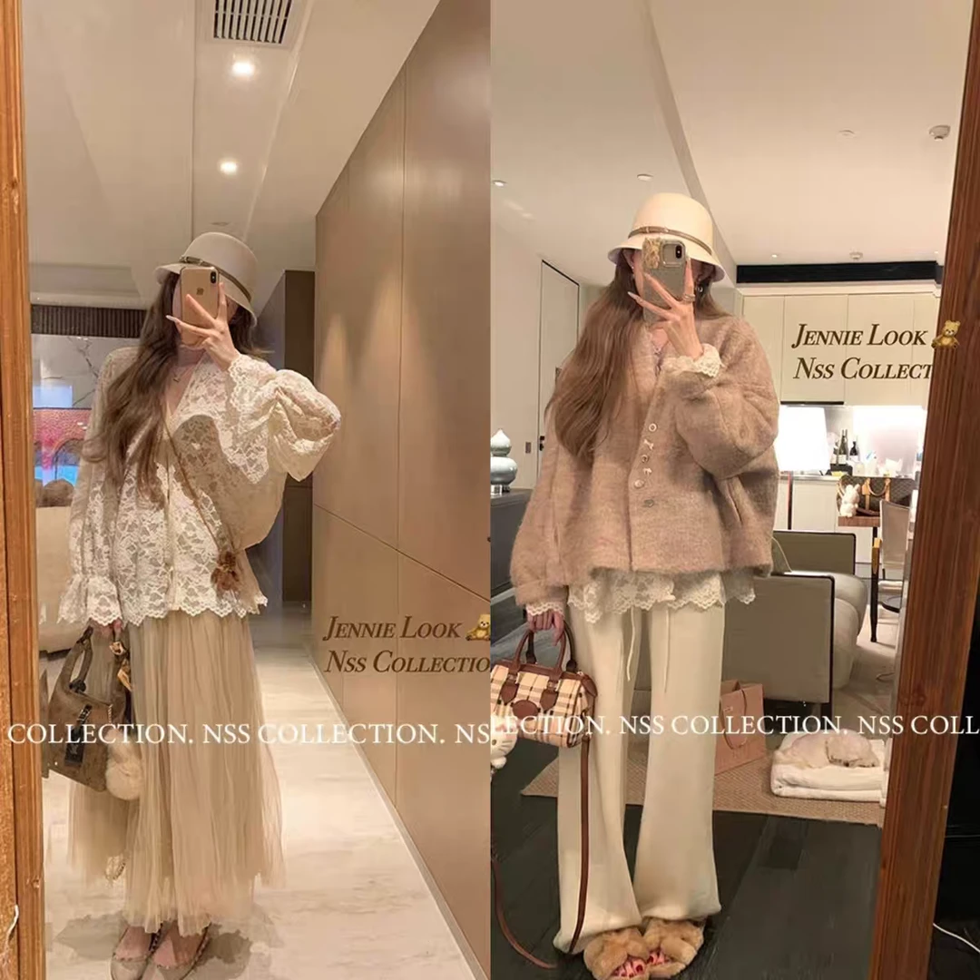 2025秋冬新款气质法式花边镂空蕾丝衬衫女宽松显瘦叠穿打底衫上衣