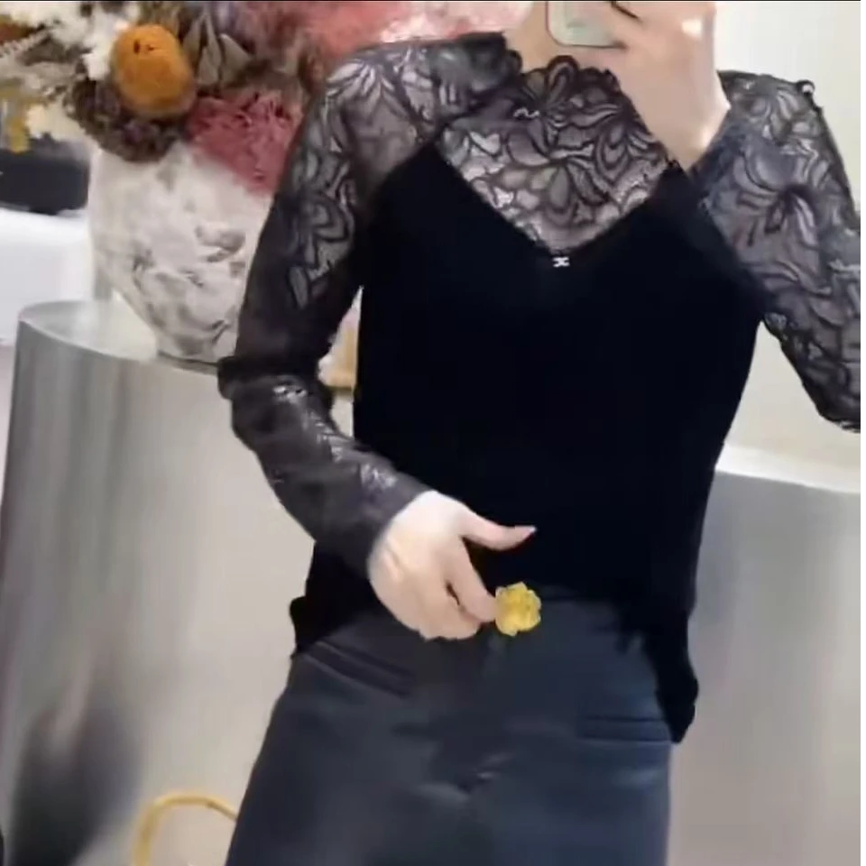 69100 韩版秋季新款长袖蕾丝衫修身显瘦性感优雅高级