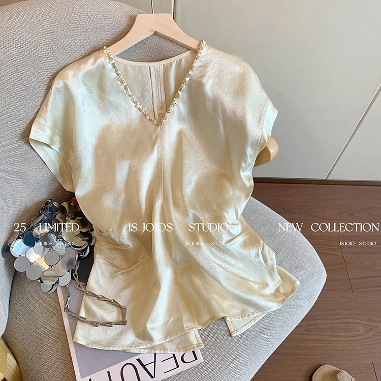 夏季法式V领钉珠收腰缎面短袖衬衫高级感气质百搭显瘦醋酸女上衣