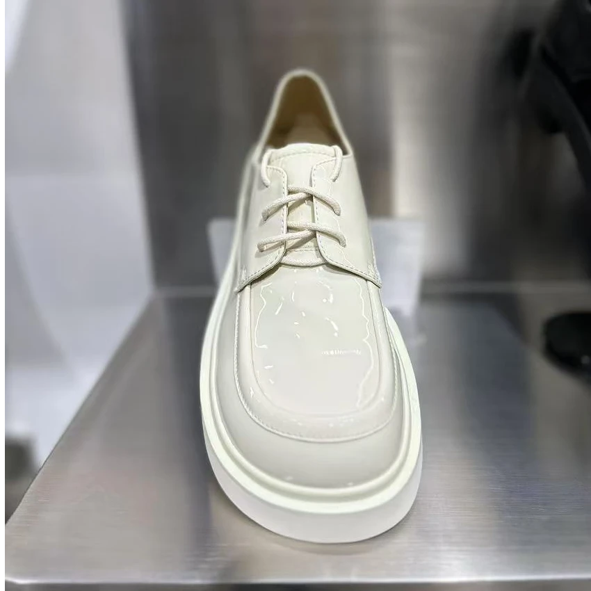 2025春季新款热销乐福鞋真皮白色英伦风中跟圆头单鞋系带学院风鞋