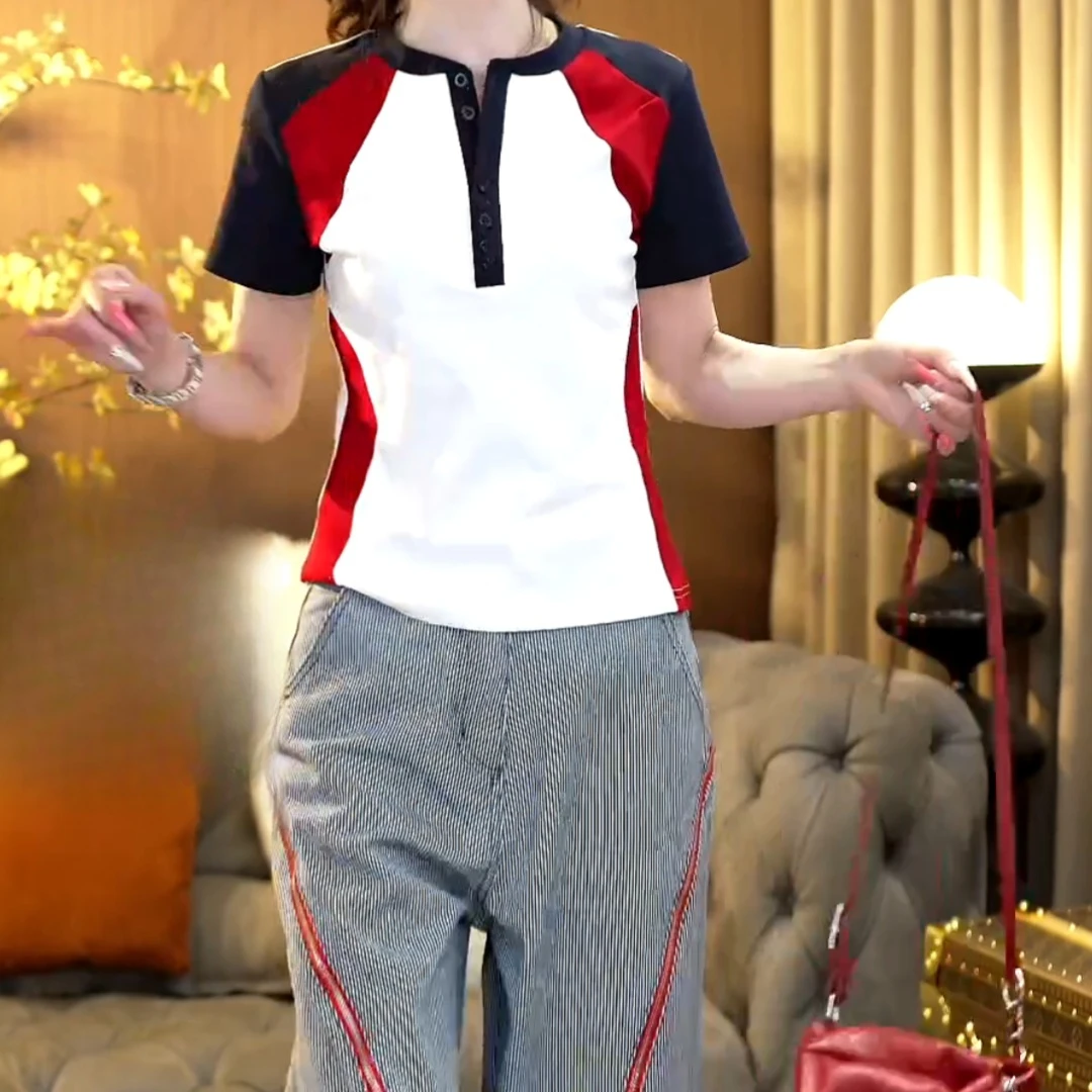 夏季美式撞色修身显瘦拼接圆领经典短袖t恤上衣