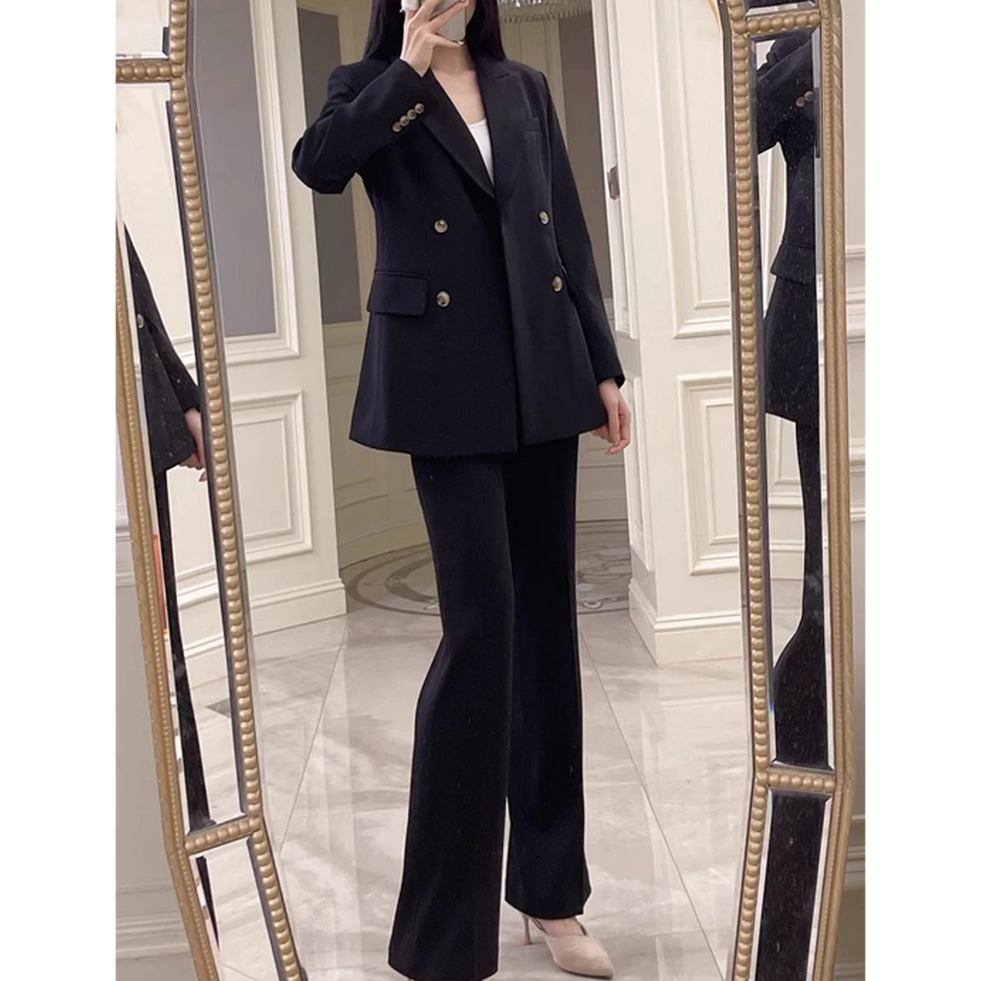 大码高级感西装外套女胖MM春秋阔腿裤职业面试正装藏青色西服套装