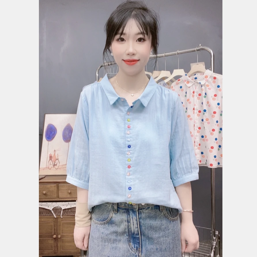 文艺小清新彩色纽扣双层棉纱衬衫女 夏季柔软透气纯棉五分袖衬衣