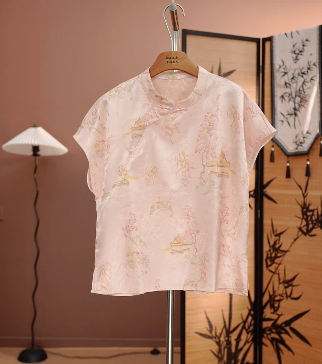 【玉烟】新款新中式立领盘扣国风洋气小衫女小个子提花短袖衬衫上衣