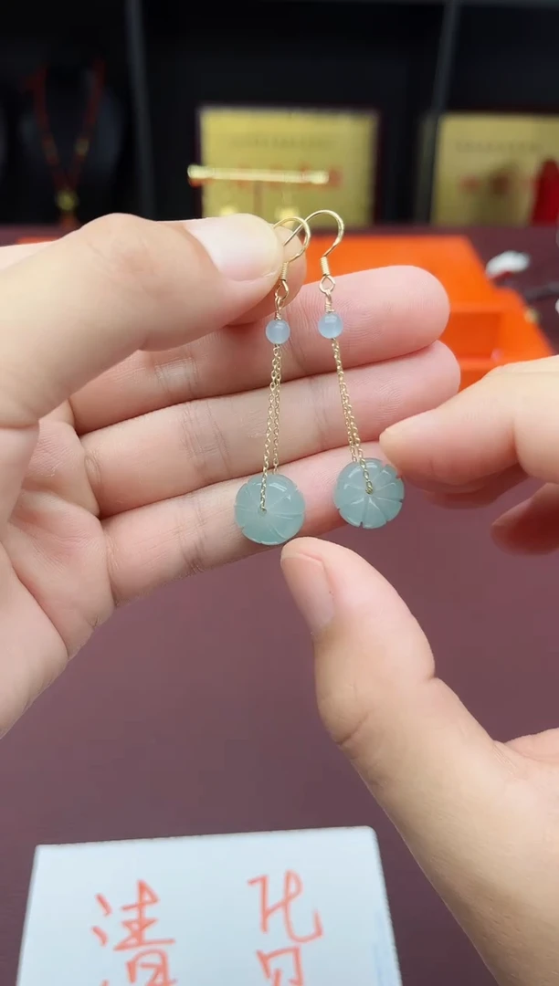 石英质玉（天山翠）银S925镶嵌耳饰716000