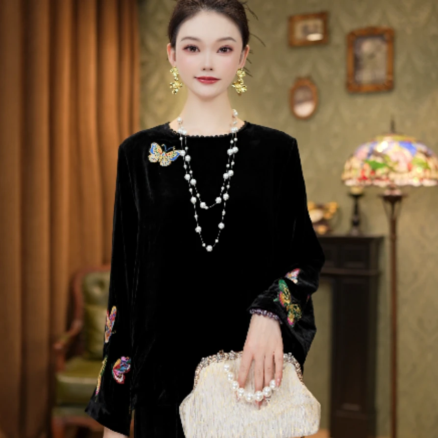 【彩蝶】新中式丝绒重工蝴蝶彩绣气质长袖上衣2025C8031古月玫瑰仓