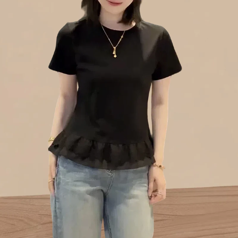 纯色拼接蕾丝边短袖上衣T恤小衫女2025夏季新款时尚洋气减龄显瘦