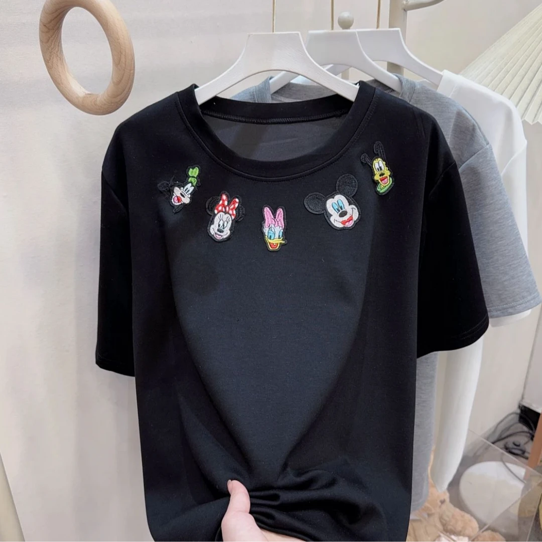 大码女装极简风卡通T恤休闲春季半袖打底衫韩版宽松夏季显瘦