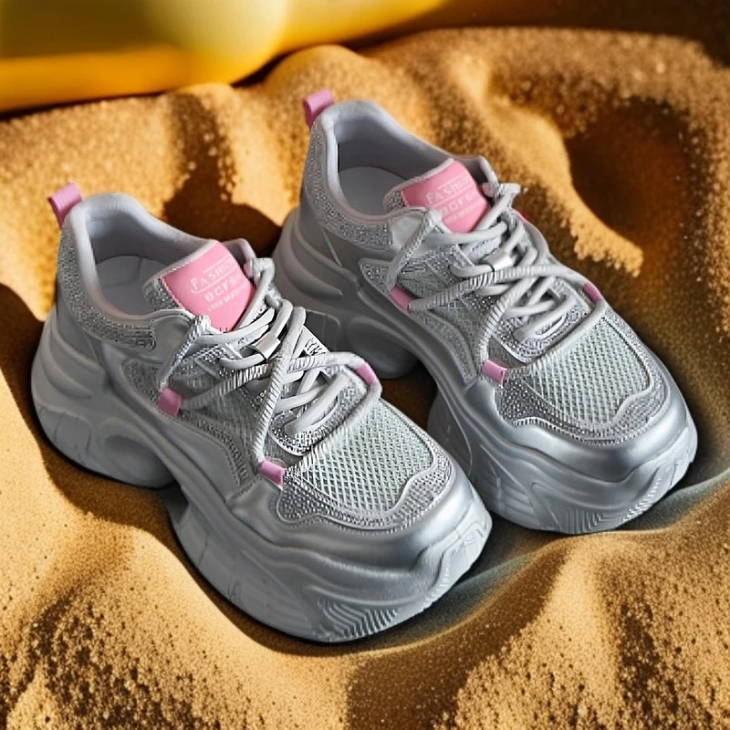 雪芭妮厚底老爹鞋女2025春季新款网状透气镶钻休闲显瘦显高增高鞋