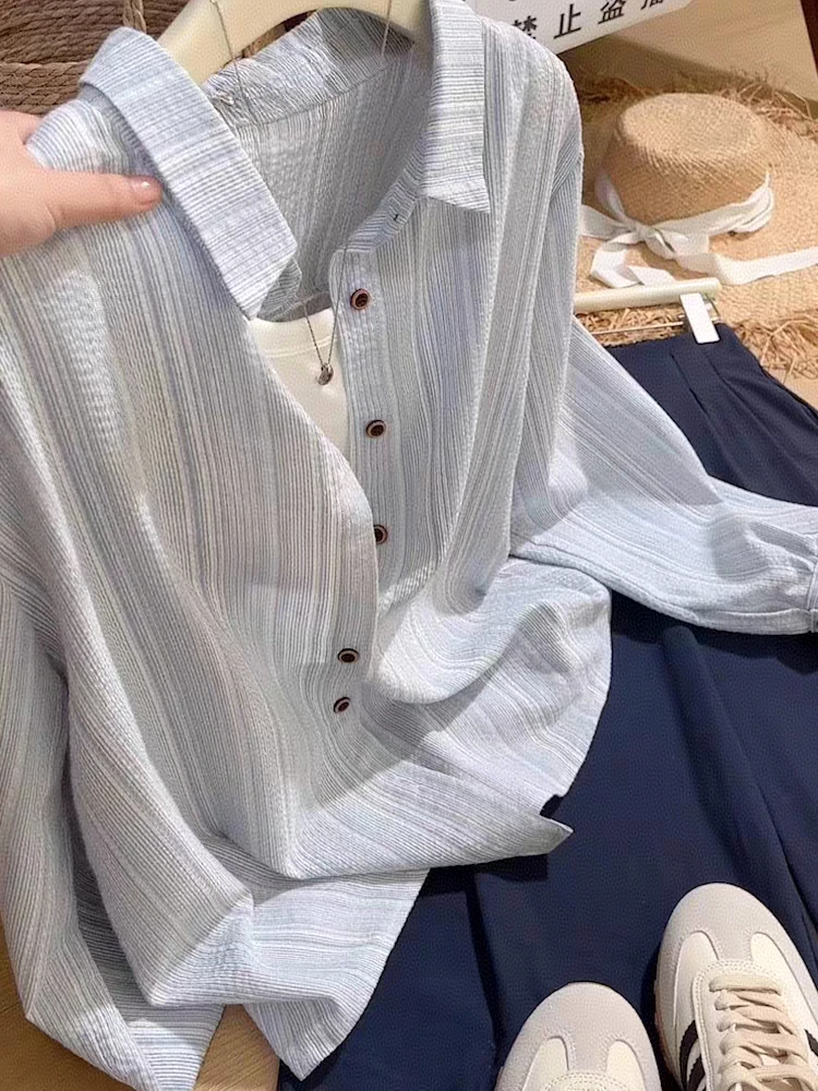 韩系蓝色衬衫上衣女秋装休闲宽松慵懒风防晒长袖衬衣精致条纹外套