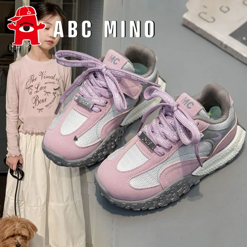 ABC MINO女童运动鞋2025新款开学季皮面防滑儿童跑步鞋女孩阿甘鞋