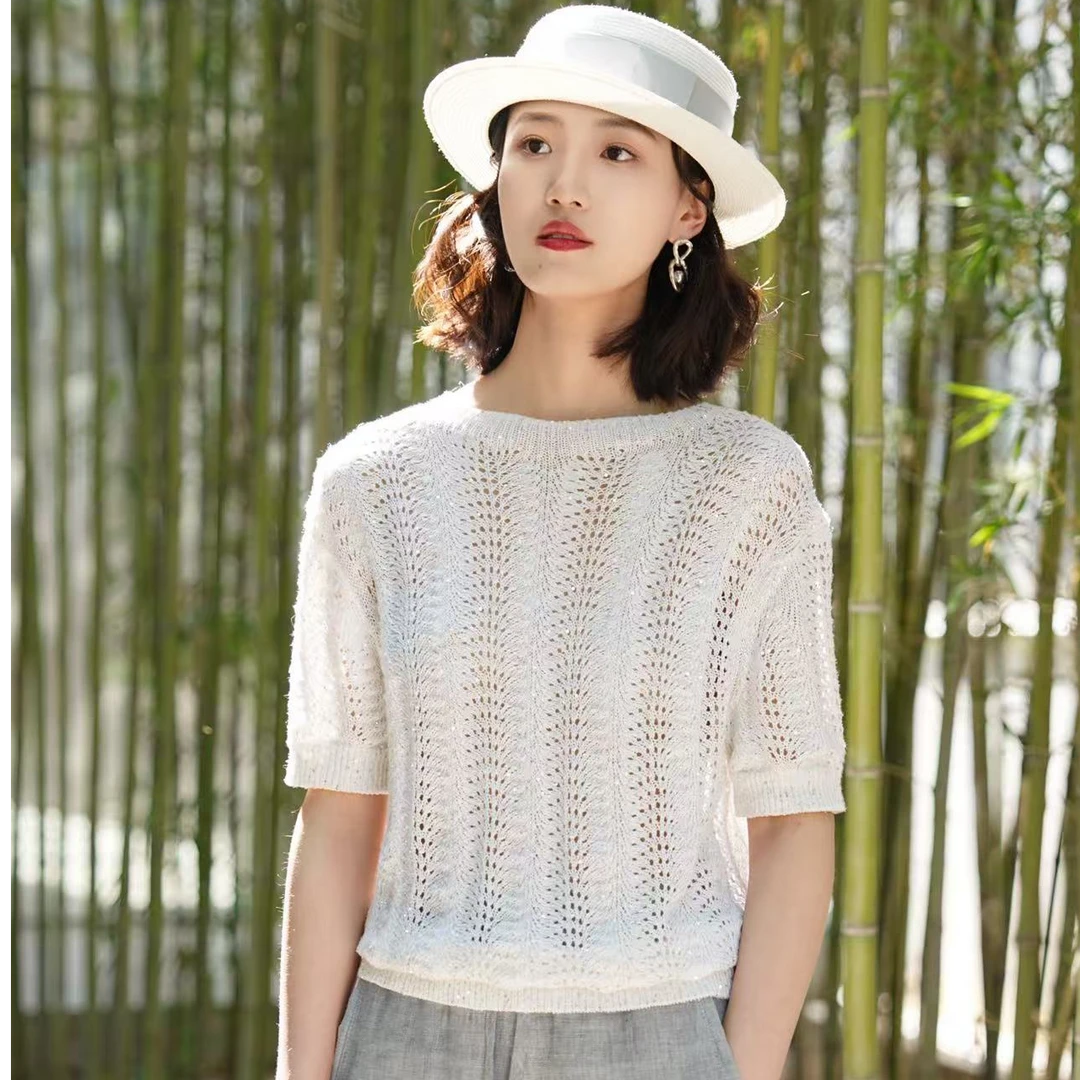 AMASS/阿玛施【新款】青春百搭夏季镂空亮片气质短袖针织衫5399712