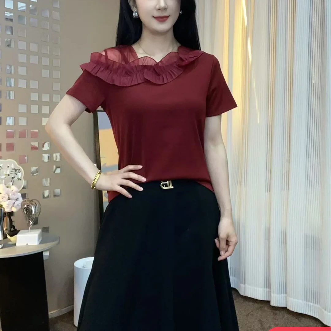 夏季新款时尚洋气短袖T恤显瘦减龄百搭休闲妈妈装荷叶边拼接上衣