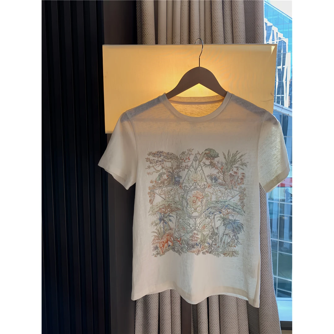 眼前一亮！！怒推，彩绘短袖T恤女薄款圆领百搭温柔慵懒气质宽松上衣