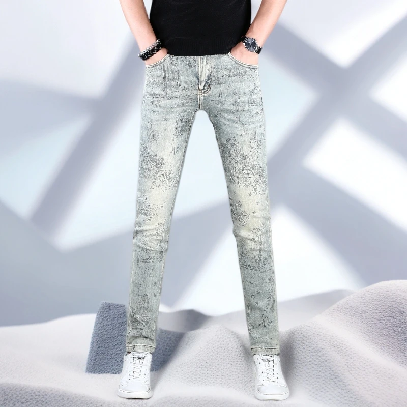 宾斯洛特牛仔裤男款秋冬新款时尚烫钻印花爆款弹力修身小脚长裤子