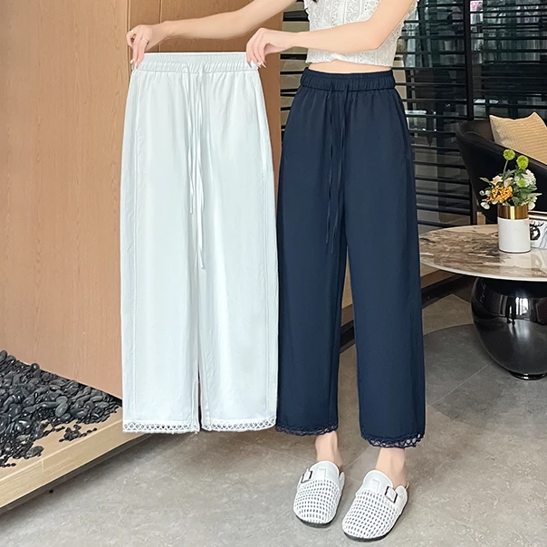 小个子八分九分冰丝阔腿裤女夏季薄款大码高腰显瘦宽松直筒休闲裤