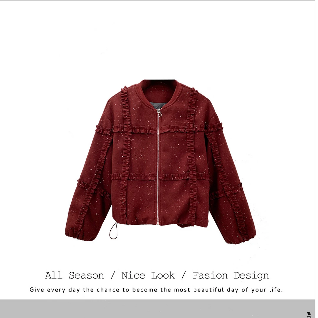 047  黑红双色亮片满天星拼接舒适棒球领外套   款号#8215